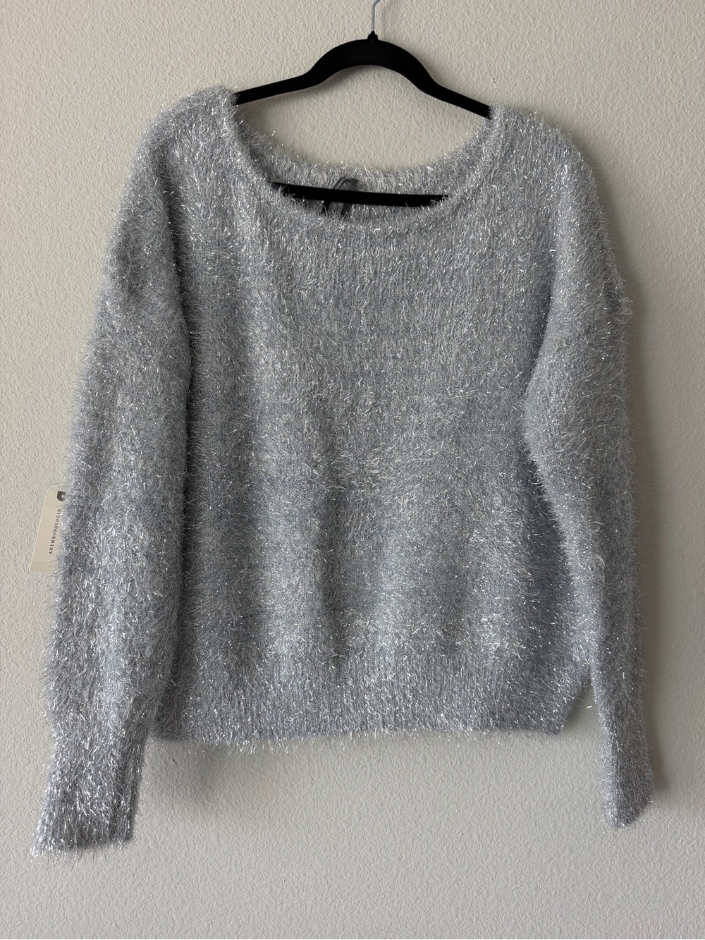 Anthropologie Boatneck Tinsel Sweater M Grey Silver Metallic Fuzzy Holiday NWT